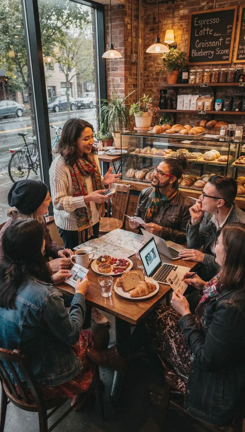 Przewodnik turystyczny przedstawiający lokalne atrakcje turystyczne na mapie.