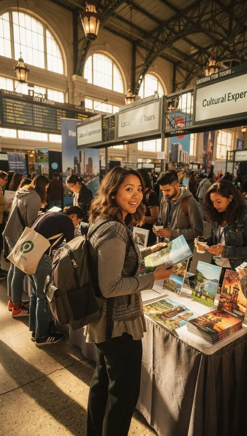 Kierownik podróży omawiający plany z grupą turystów przed lokalnym rynkiem.